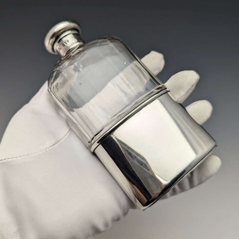 1900 British Antique Sterling Silver Lid Glass Skittles Hip Flask Mappin Brothers