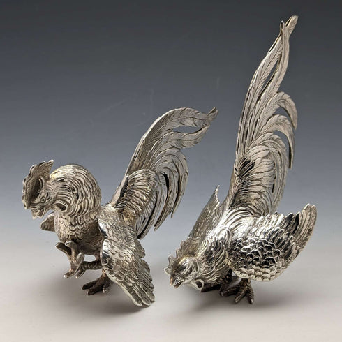 1962 German Vintage Sterling Silver Fighting Cock Figurine Pair Total 242g Israel Freeman
