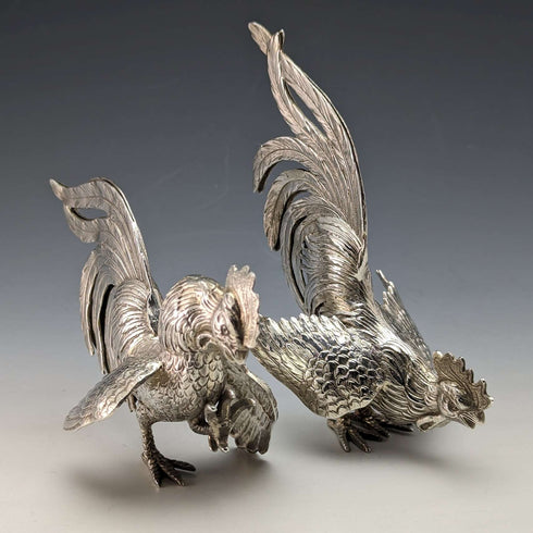1962 German Vintage Sterling Silver Fighting Cock Figurine Pair Total 242g Israel Freeman