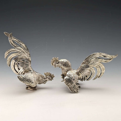 1962 German Vintage Sterling Silver Fighting Cock Figurine Pair Total 242g Israel Freeman