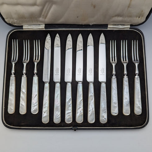 1950's British Vintage White Pearl Handle Cutlery 6 Pair Set with Case Mappin & Webb