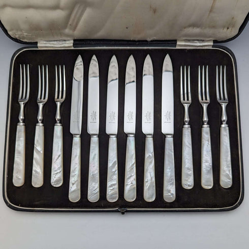 1950年代 英国ヴィンテージ 白蝶貝ハンドル カトラリー6ペアセット ケース入 Mappin & Webb