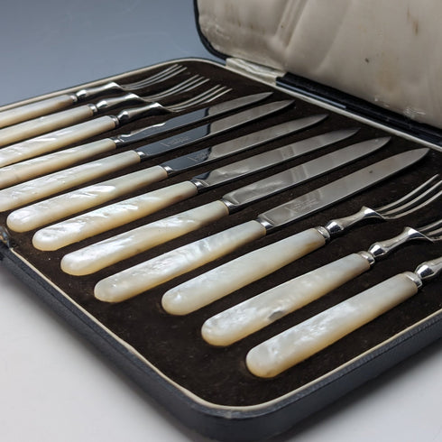 1950's British Vintage White Pearl Handle Cutlery 6 Pair Set with Case Mappin & Webb