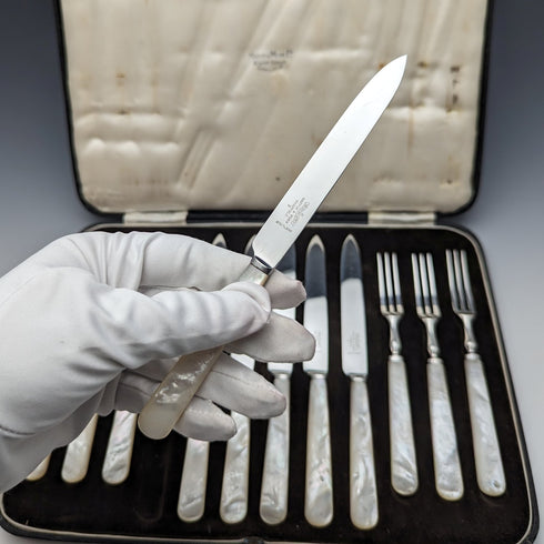 1950's British Vintage White Pearl Handle Cutlery 6 Pair Set with Case Mappin & Webb