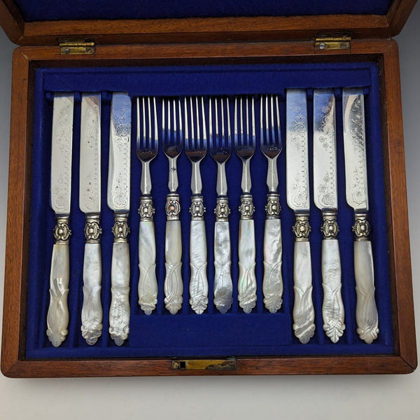 Late 19th Century British Antique Engraved White Pearl Handle Dessert Cutlery 6 Pair Set in Wooden Box