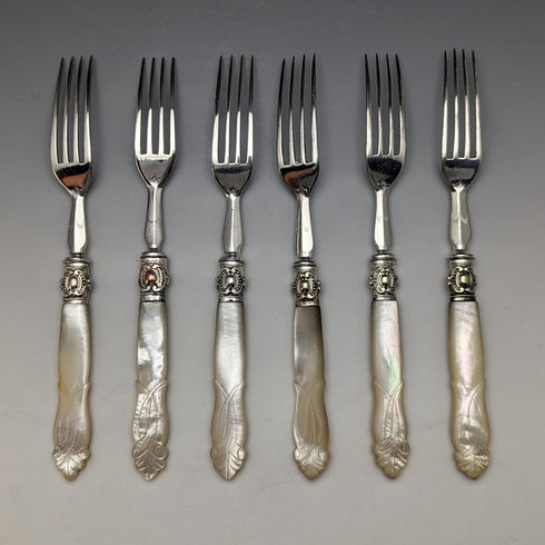 19 世紀末英國古董雕刻白色珍珠手柄甜點餐具 6 副套裝木盒裝