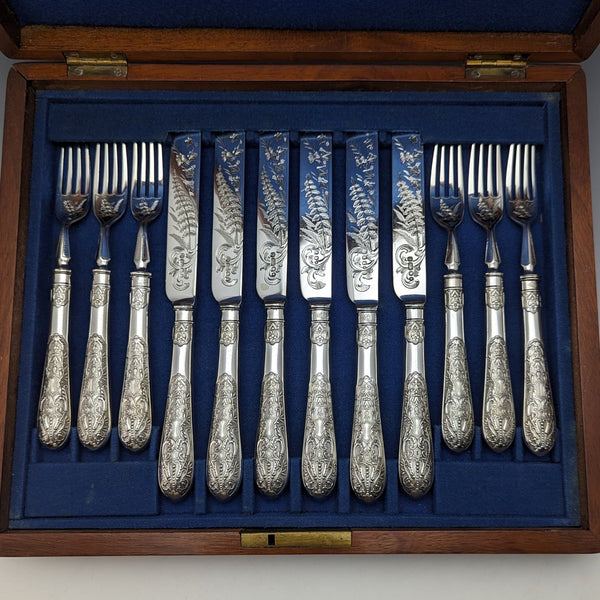 Late 19th Century British Antique Silver Plated Dessert Cutlery 6 Pair Set in Wooden Box Fenton Brothers