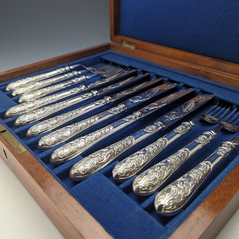 19 世紀末英國古董鍍銀甜點餐具 6 對套裝木盒裝 Fenton Brothers