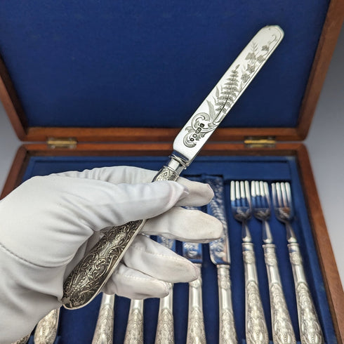 19 世紀末英國古董鍍銀甜點餐具 6 對套裝木盒裝 Fenton Brothers