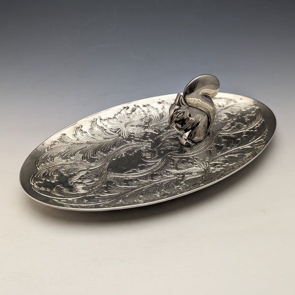 British Vintage Silver Plated Squirrel Decor Oval Dish