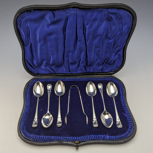 1908 British Antique 6 Sterling Silver Tea Spoons & Sugar Tongs Set in Case Atkin Brothers