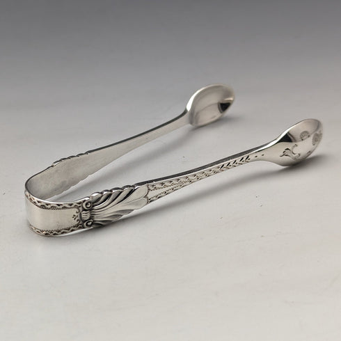 1908 British Antique 6 Sterling Silver Tea Spoons & Sugar Tongs Set in Case Atkin Brothers
