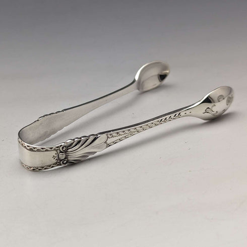 1908 British Antique 6 Sterling Silver Tea Spoons & Sugar Tongs Set in Case Atkin Brothers