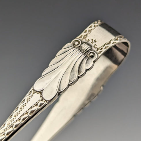 1908 British Antique 6 Sterling Silver Tea Spoons & Sugar Tongs Set in Case Atkin Brothers