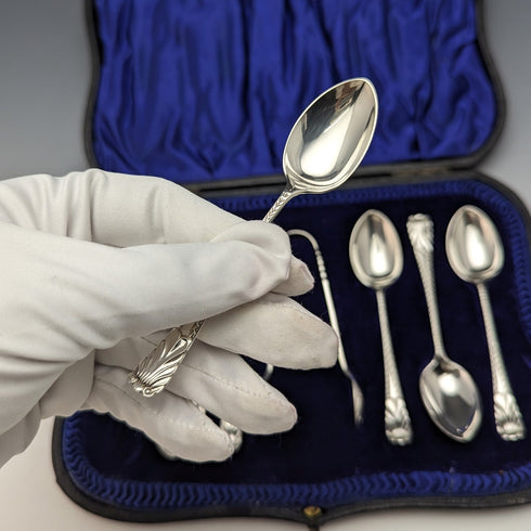 1908 British Antique 6 Sterling Silver Tea Spoons & Sugar Tongs Set in Case Atkin Brothers