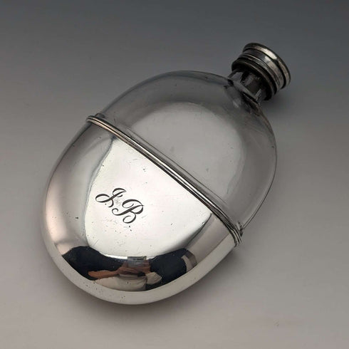 1900 British Antique Silver Plated Decorated Oval Glass Skittles Hip Flask