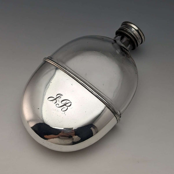 1900 British Antique Silver Plated Decorated Oval Glass Skittles Hip Flask