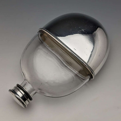 1900 British Antique Silver Plated Decorated Oval Glass Skittles Hip Flask