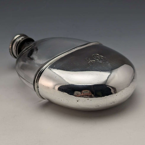 1900 British Antique Silver Plated Decorated Oval Glass Skittles Hip Flask