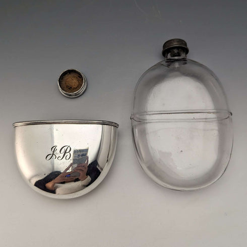 1900 British Antique Silver Plated Decorated Oval Glass Skittles Hip Flask