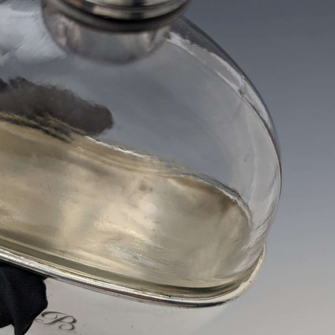 1900 British Antique Silver Plated Decorated Oval Glass Skittles Hip Flask