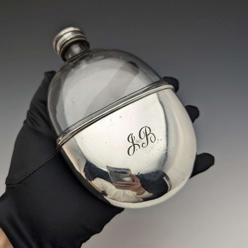 1900 British Antique Silver Plated Decorated Oval Glass Skittles Hip Flask