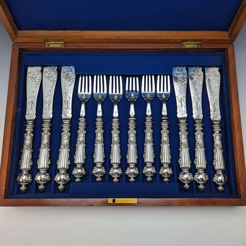 Late 19th Century British Antique Silver Plated Fish Cutlery 6 Pair Set in Wooden Box Martin & Hall