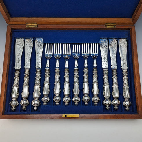 19世紀後半 英国アンティーク シルバープレート製 フィッシュカトラリー6ペアセット 木箱入り Martin & Hall