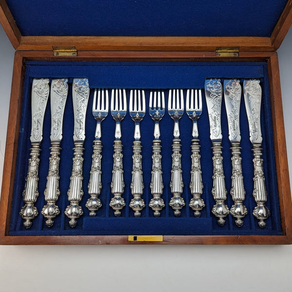 Late 19th Century British Antique Silver Plated Fish Cutlery 6 Pair Set in Wooden Box Martin & Hall
