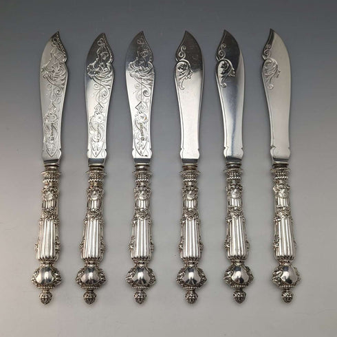 Late 19th Century British Antique Silver Plated Fish Cutlery 6 Pair Set in Wooden Box Martin & Hall