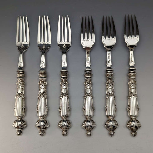 Late 19th Century British Antique Silver Plated Fish Cutlery 6 Pair Set in Wooden Box Martin & Hall