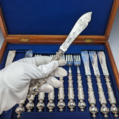Late 19th Century British Antique Silver Plated Fish Cutlery 6 Pair Set in Wooden Box Martin & Hall