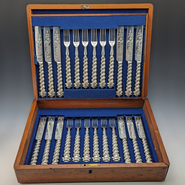 Circa 1850 British Antique Solid Silver Handle Cutlery 12 Pair Set in Wooden Box Martin Hall