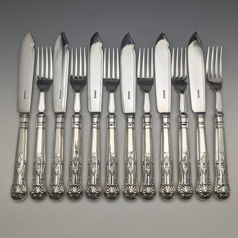 約 1930 年英國復古鍍銀魚餐具 6 對套裝 Hukin & Heath