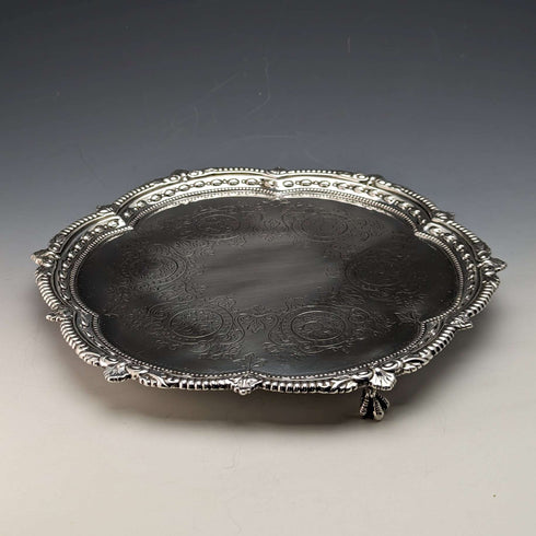 1899 British Antique Sterling Silver Salva Card Tray Diameter 22cm 315g Mappin Brothers