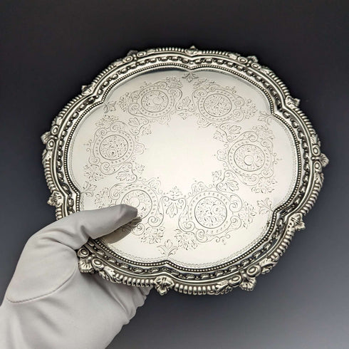 1899 British Antique Sterling Silver Salva Card Tray Diameter 22cm 315g Mappin Brothers