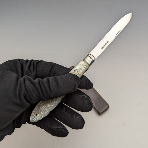 1890 年英國古董白色珍珠柄純銀刀片小刀,裝在 Thomas Marples 盒中