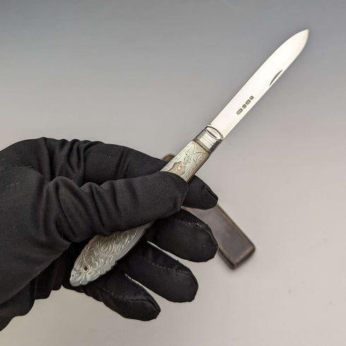1890 British Antique White Pearl Handle Sterling Silver Blade Penknife in Case Thomas Marples