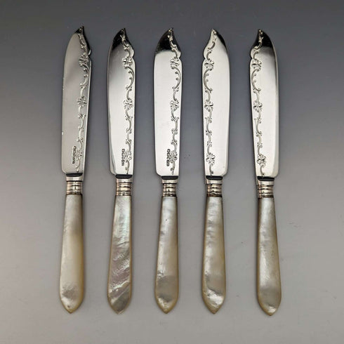 1923 British Antique Fish Cutlery 5 Pair Set White Pearl Handle Sterling Silver Blade Allen & Darwin
