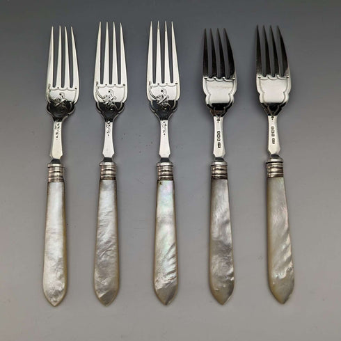 1923 British Antique Fish Cutlery 5 Pair Set White Pearl Handle Sterling Silver Blade Allen & Darwin