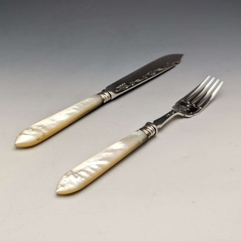 1923 British Antique Fish Cutlery 5 Pair Set White Pearl Handle Sterling Silver Blade Allen & Darwin