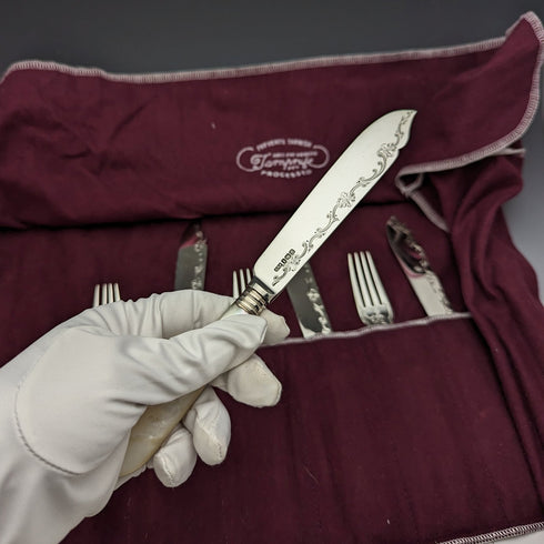 1923年 英国アンティーク フィッシュカトラリー5ペアセット 白蝶貝ハンドル 純銀ブレード Allen & Darwin