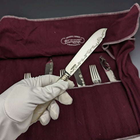 1923 British Antique Fish Cutlery 5 Pair Set White Pearl Handle Sterling Silver Blade Allen & Darwin
