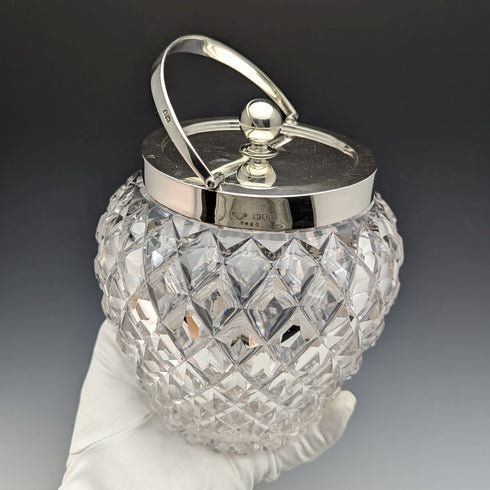 1912 British Antique Cut Glass Biscuit Barrel Sterling Silver Lid Goldsmiths & Silversmiths