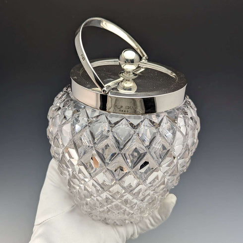 1912 年英國古董切割玻璃餅乾桶純銀蓋 Goldsmiths & Silversmiths