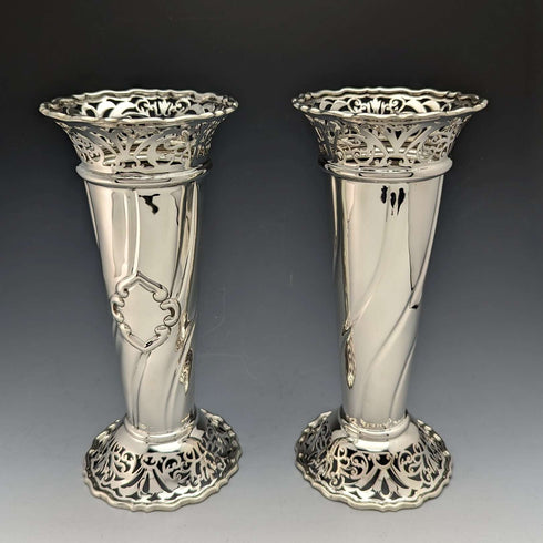 1899 British Antique Sterling Silver Vase Pair with Earring Decoration Total 445g Manoah Rhodes