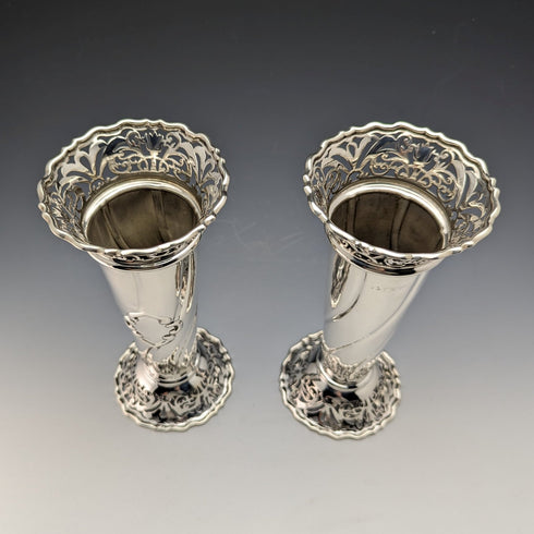 1899 British Antique Sterling Silver Vase Pair with Earring Decoration Total 445g Manoah Rhodes