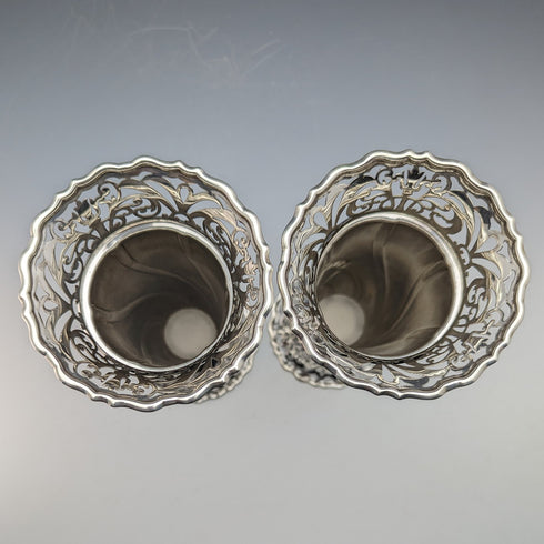 1899 British Antique Sterling Silver Vase Pair with Earring Decoration Total 445g Manoah Rhodes