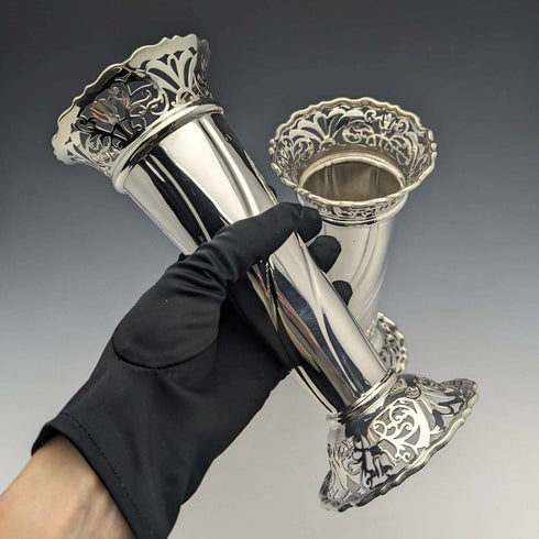 1899 British Antique Sterling Silver Vase Pair with Earring Decoration Total 445g Manoah Rhodes