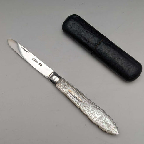 1893 British Antique White Pearl Handle Sterling Silver Blade Penknife in Case Arthur Worral Staniforth